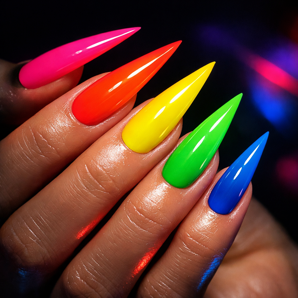 Colorful neon rainbow nails in vibrant shades