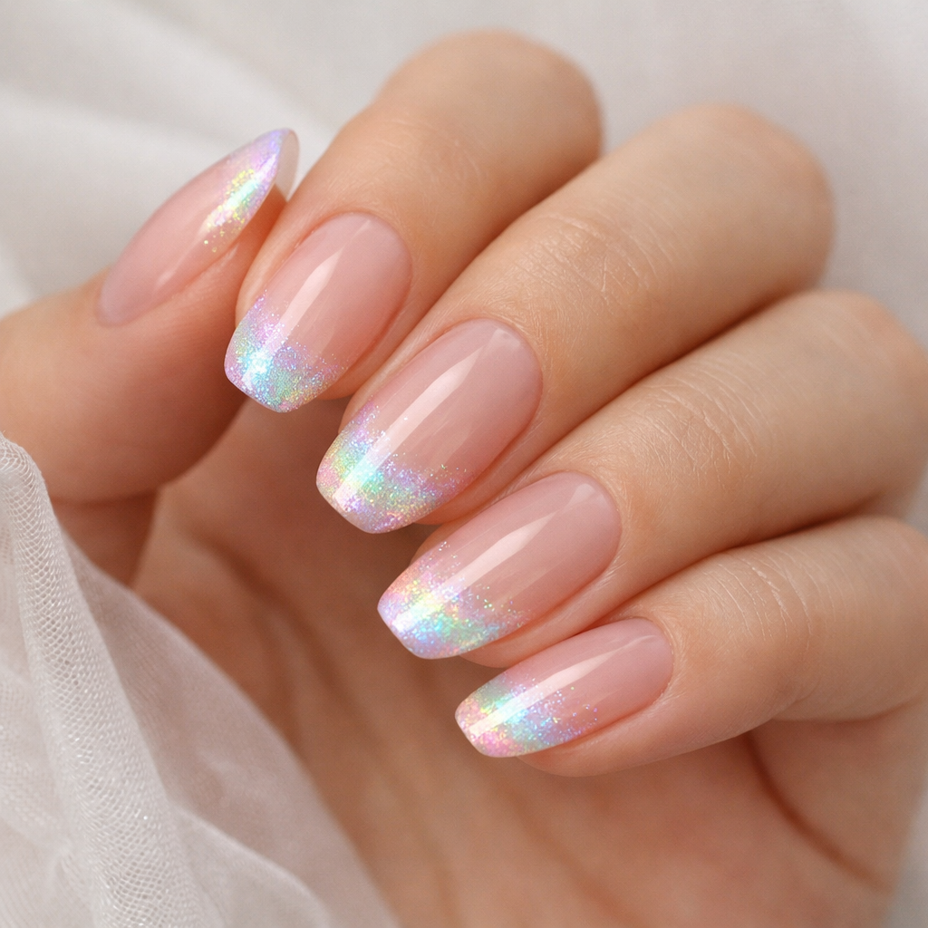 Nails with a glitter rainbow French fade design.