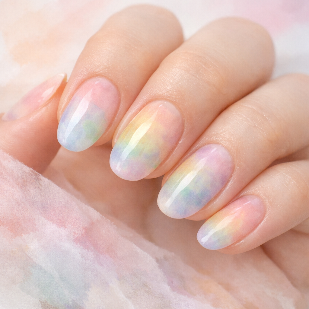 A close-up of pastel watercolor rainbow nails on a hand.