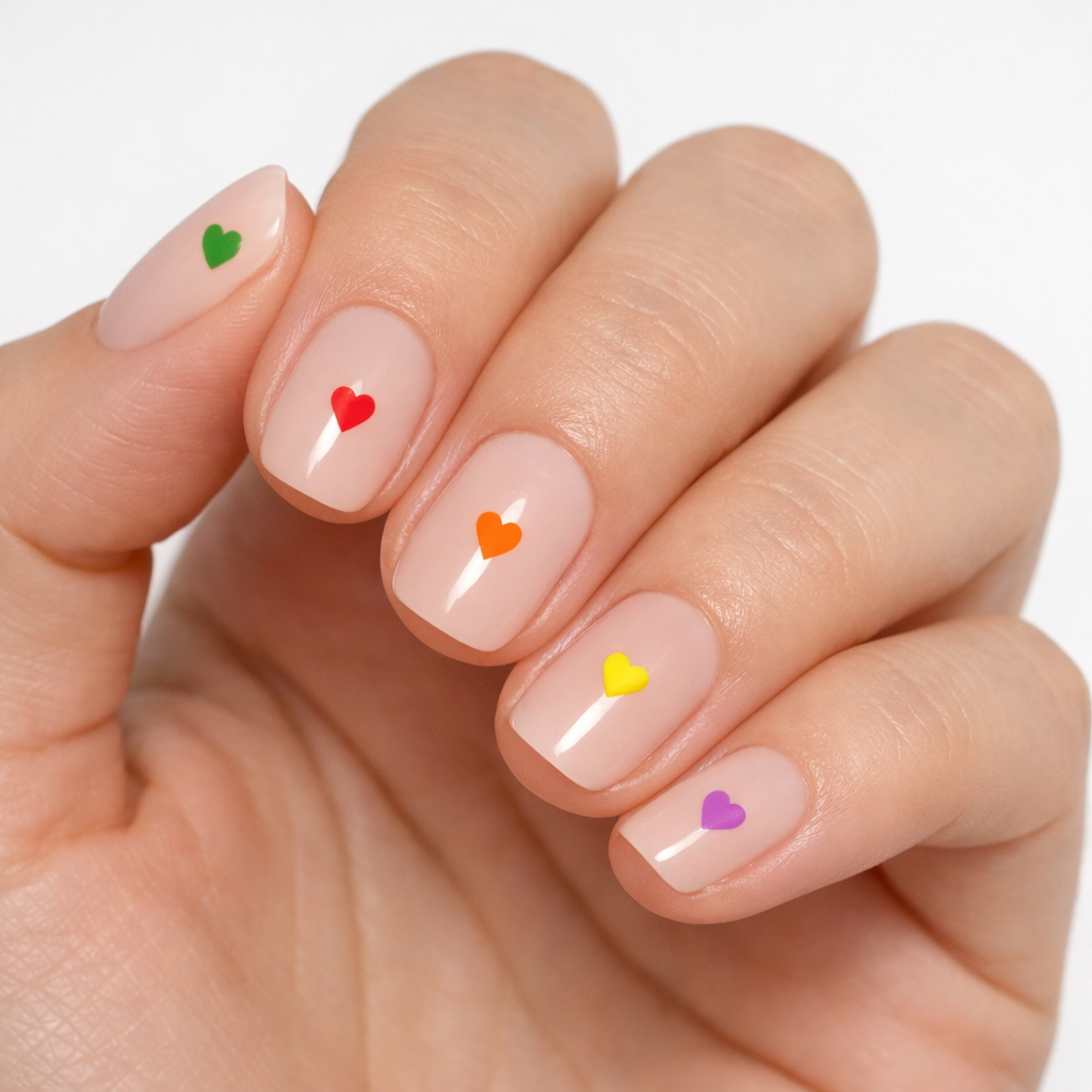 A hand showing neatly manicured nails with colorful heart stickers in various colors on a nude base.