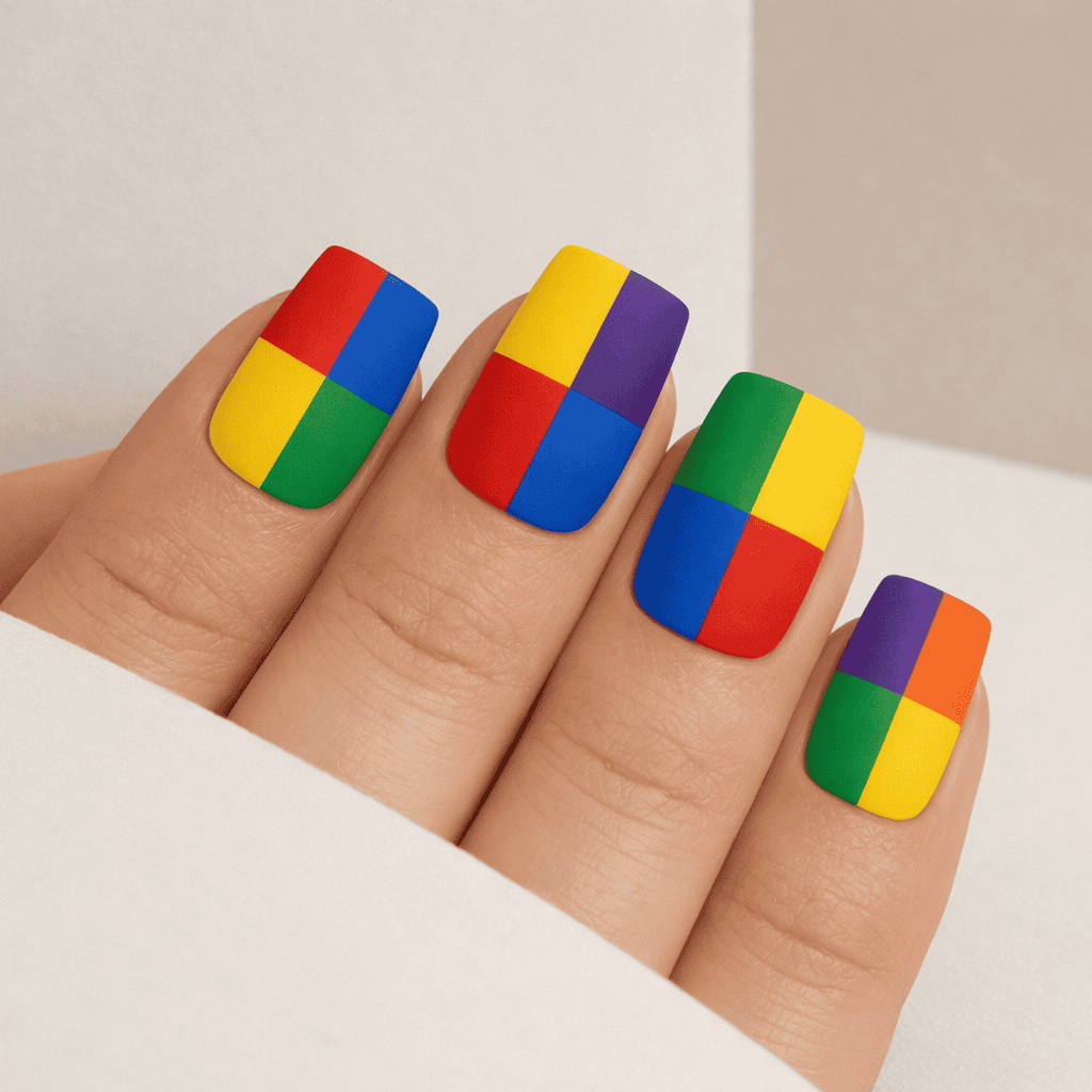 Color block pride nails featuring red, yellow, green, and blue squares