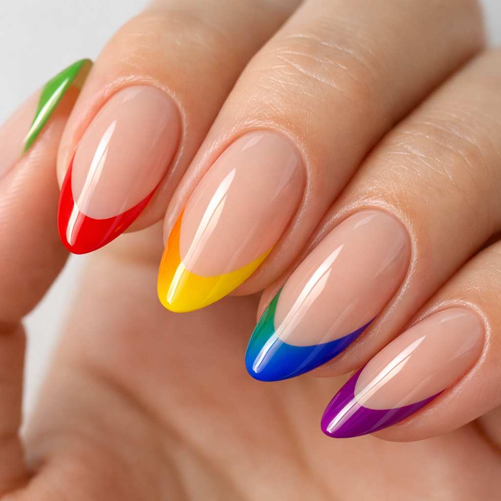Rainbow French tip nails with vibrant colors