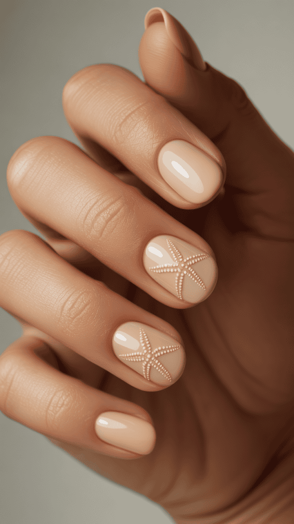 Elegant beach-inspired nail art featuring starfish accents for ocean-themed style.