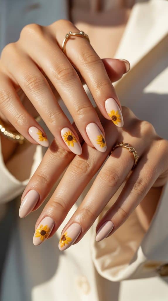 Beautiful hand with manicured nails featuring sunflower nail art, showcasing stylish and trendy nail.