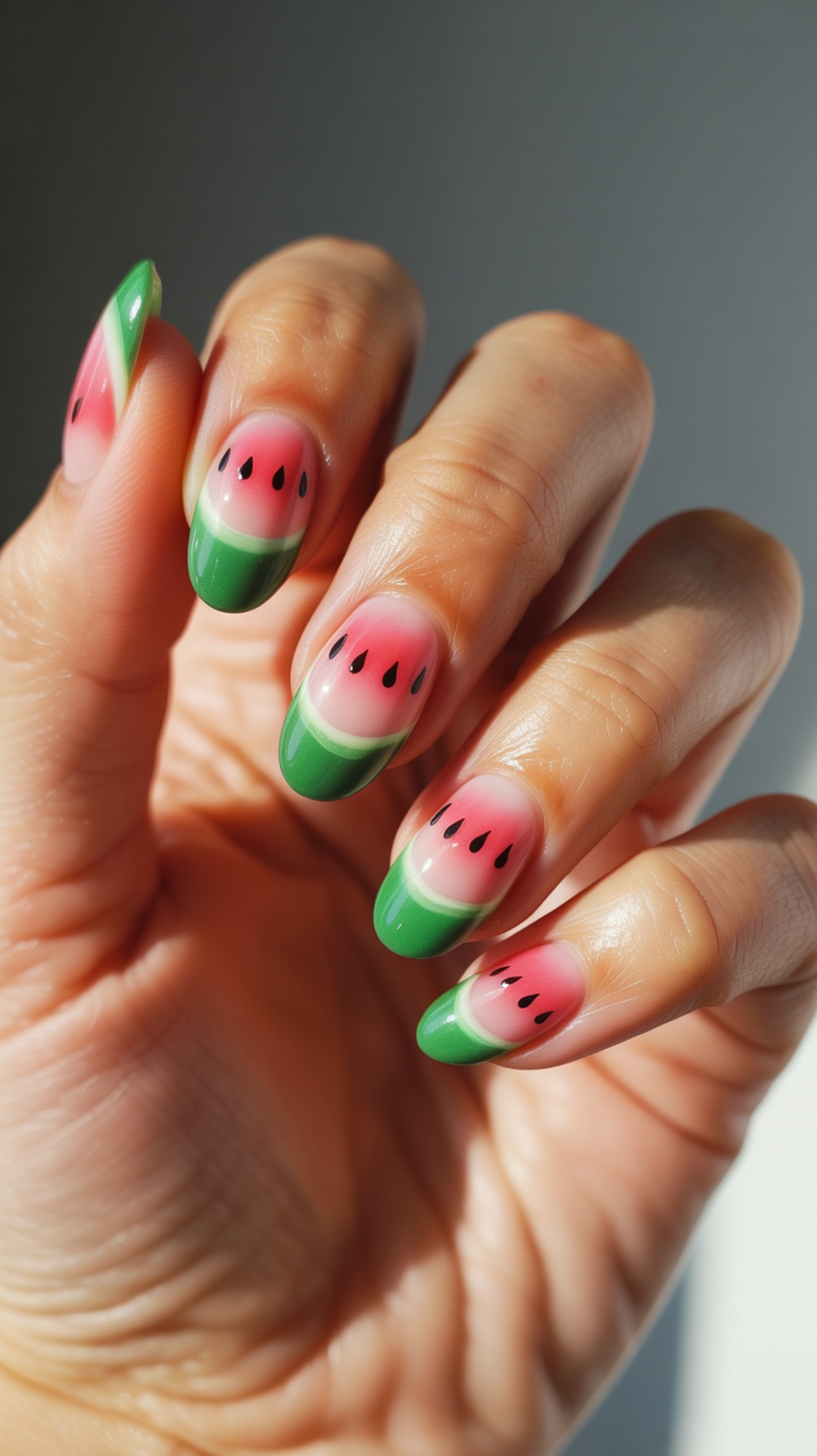 Close-up of ombre watermelon nail art with pink and green colors, featuring black seeds.