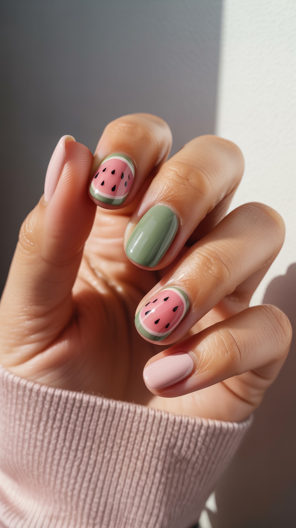 Close-up of pastel watermelon nail art with pink and green details