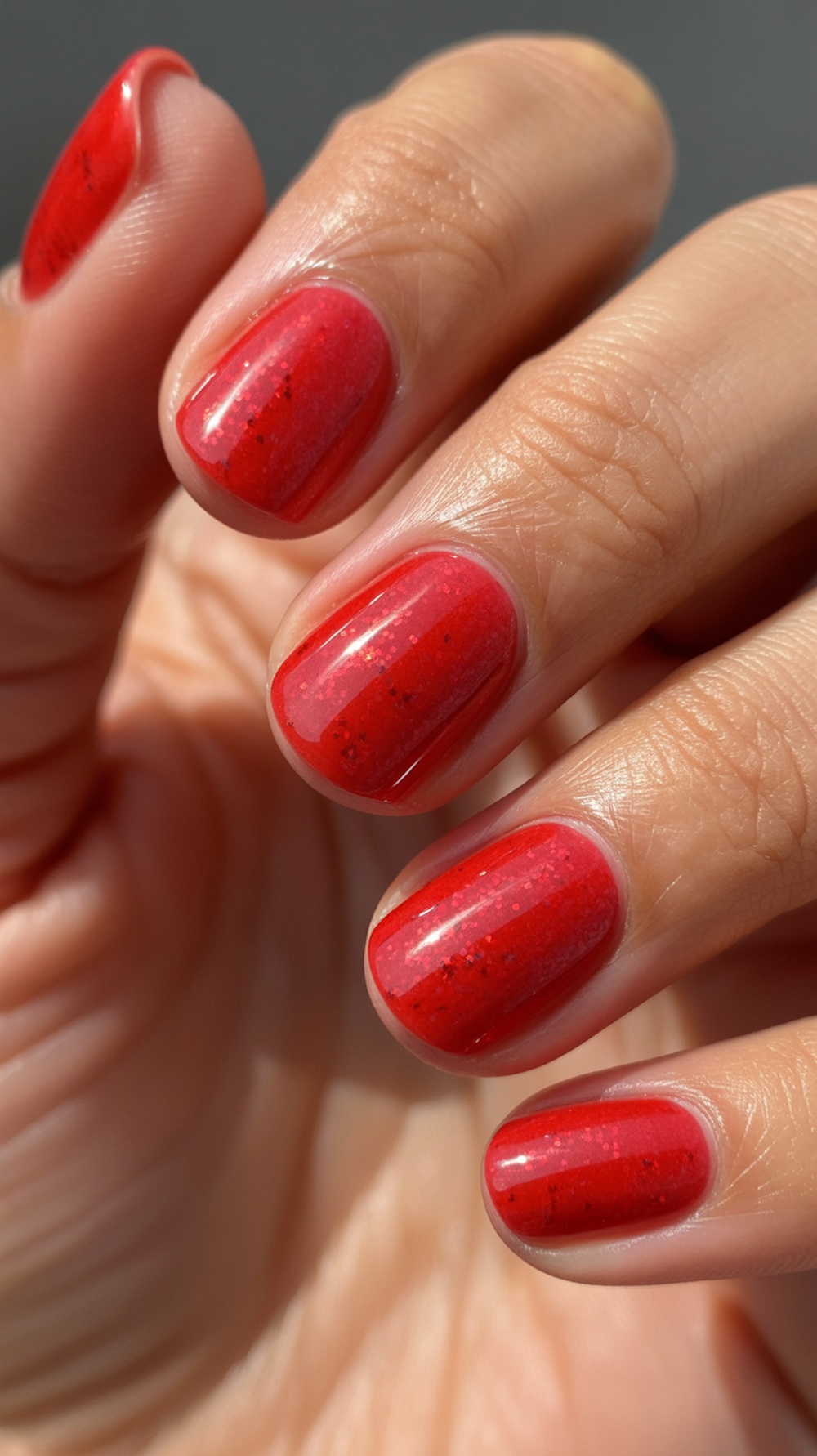 Close-up of red micro glitter nails with a shiny finish