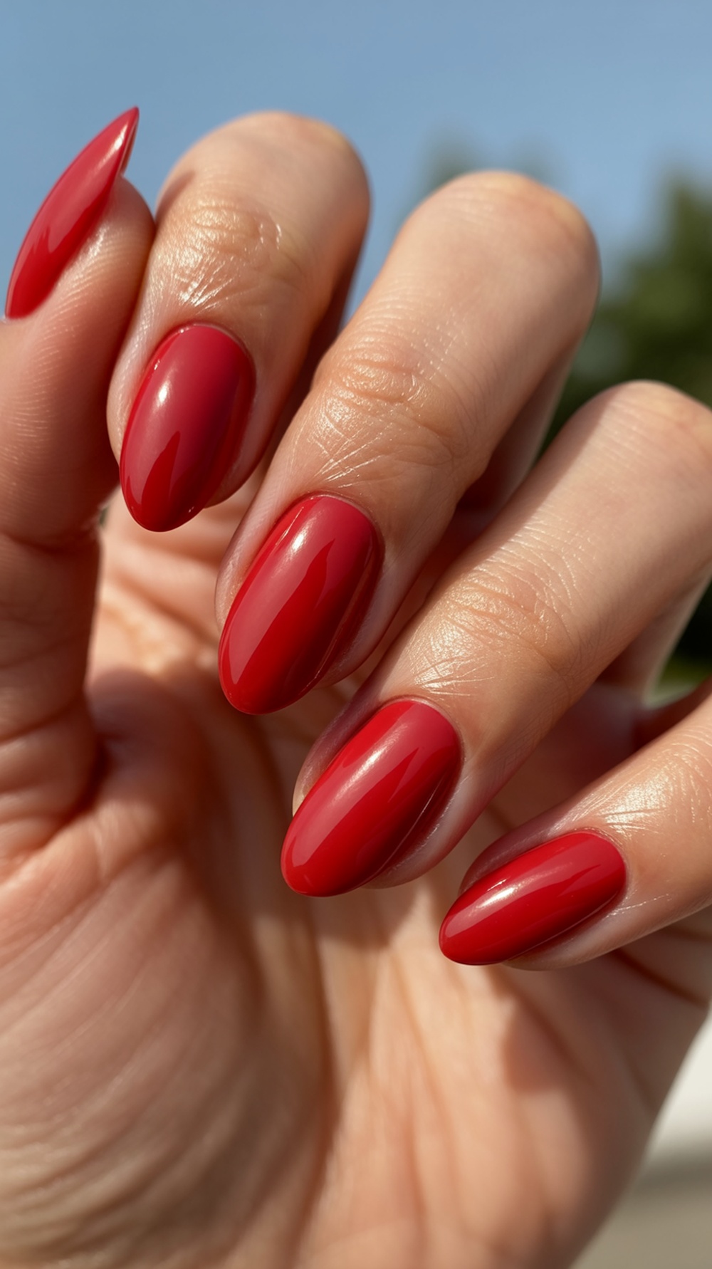 Close-up of a hand with glossy cherry red nails