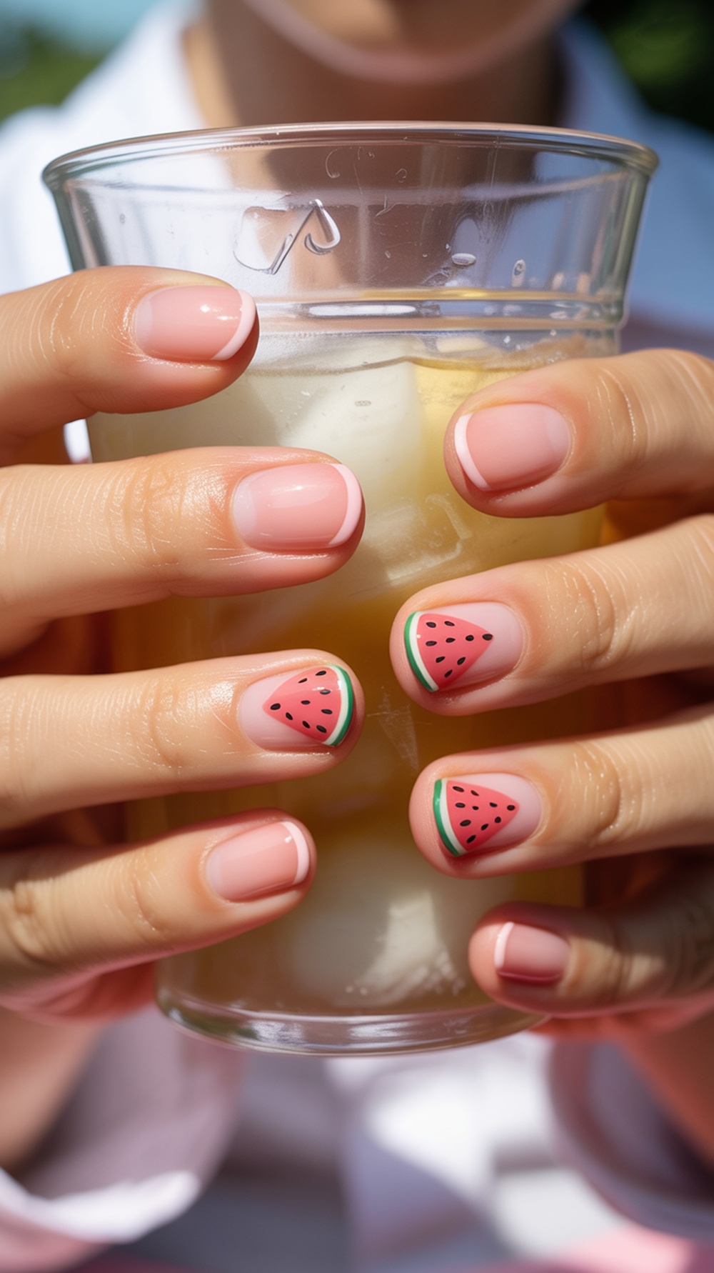 Close-up of hands with tiny watermelon accent nails holding a glass drink, showcasing a summer nail art design.