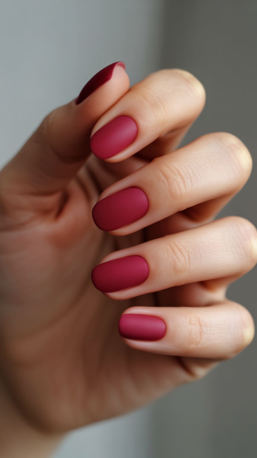 Close-up view of a hand displaying matte crimson nails