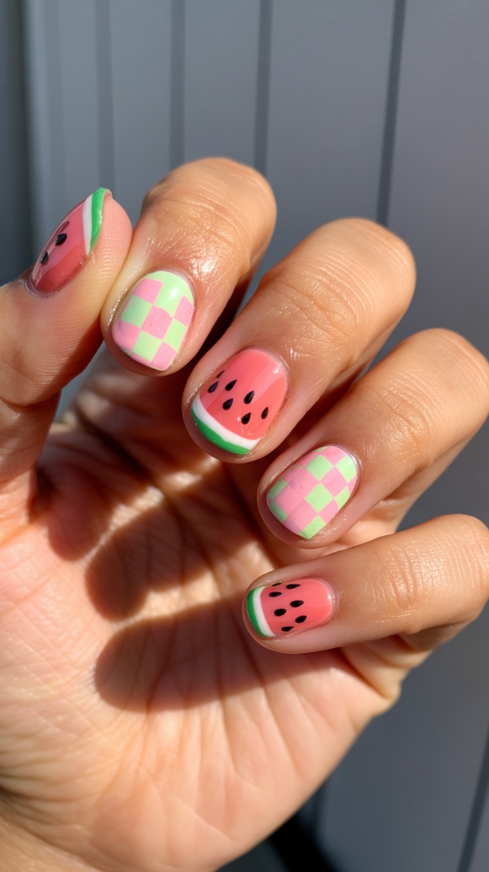 A close-up of hands with checkerboard watermelon nail art, featuring pink and green colors with watermelon motifs.