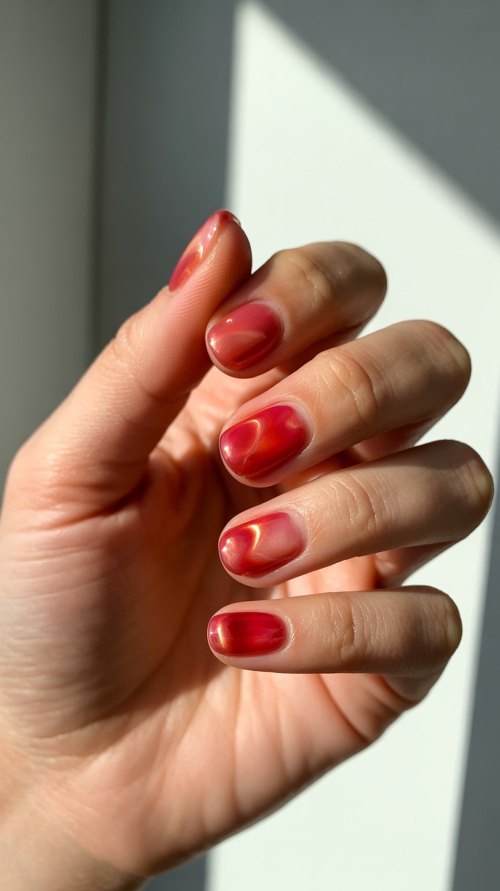 Close-up of a hand showing sheer red jelly nails with a glossy finish