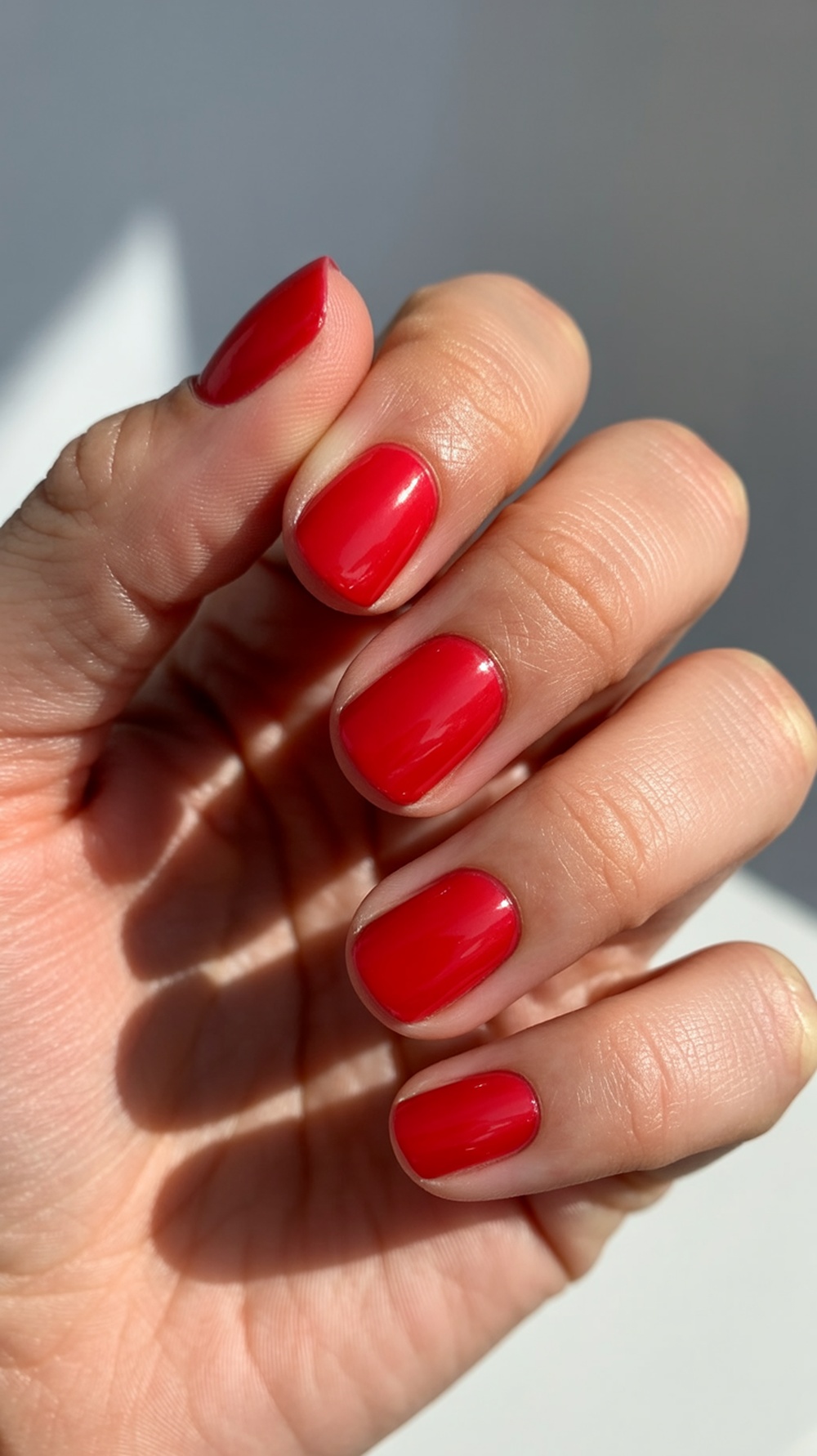 A hand showing short square red nails in bright sunlight