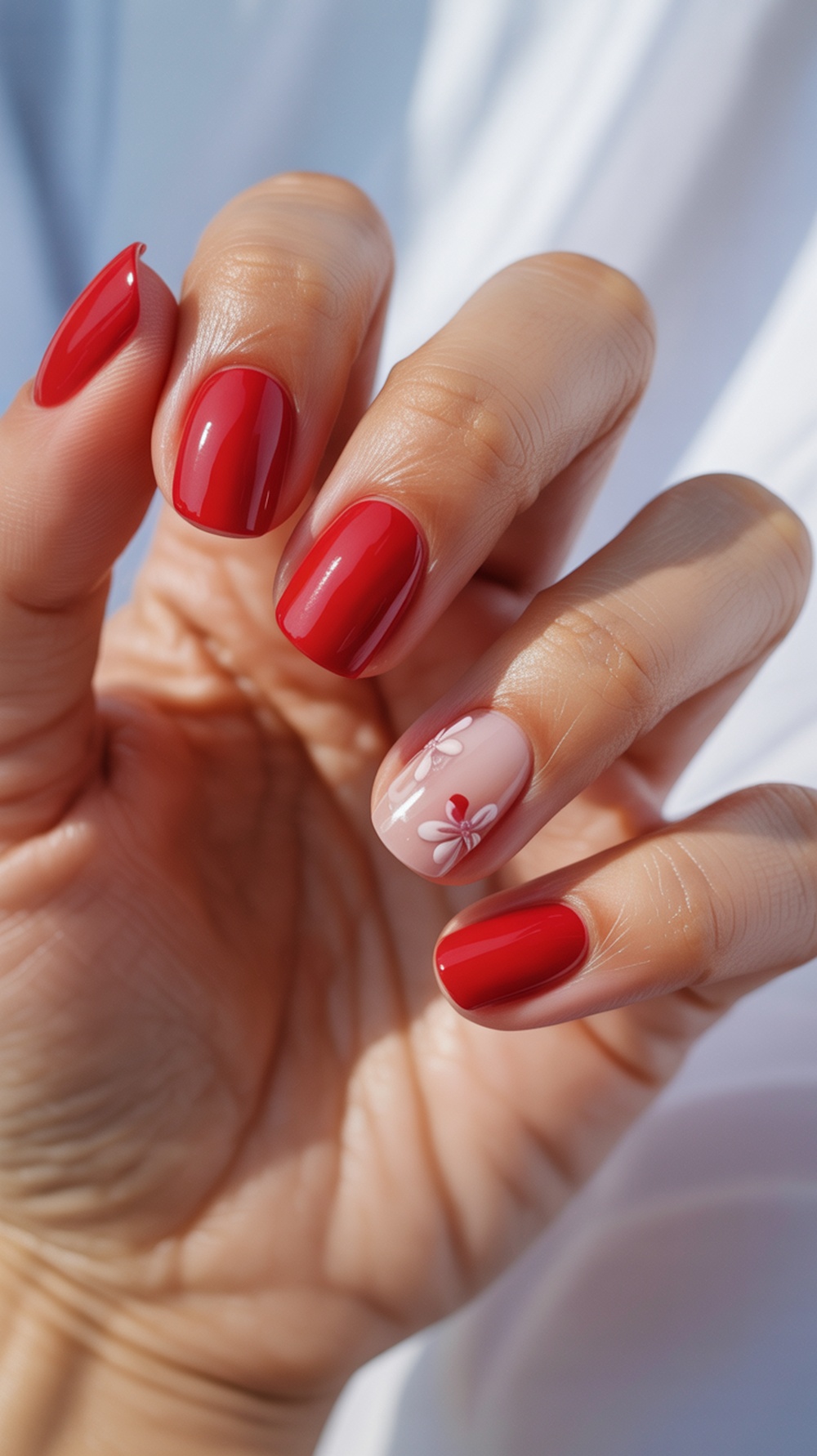 A close-up of a hand with red nails and one floral accent nail, showcasing a bold summer look.
