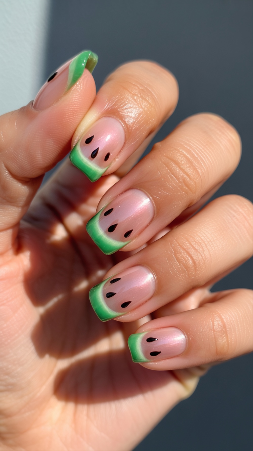 Image of glossy jelly watermelon nails with pink and green colors and black seed accents.