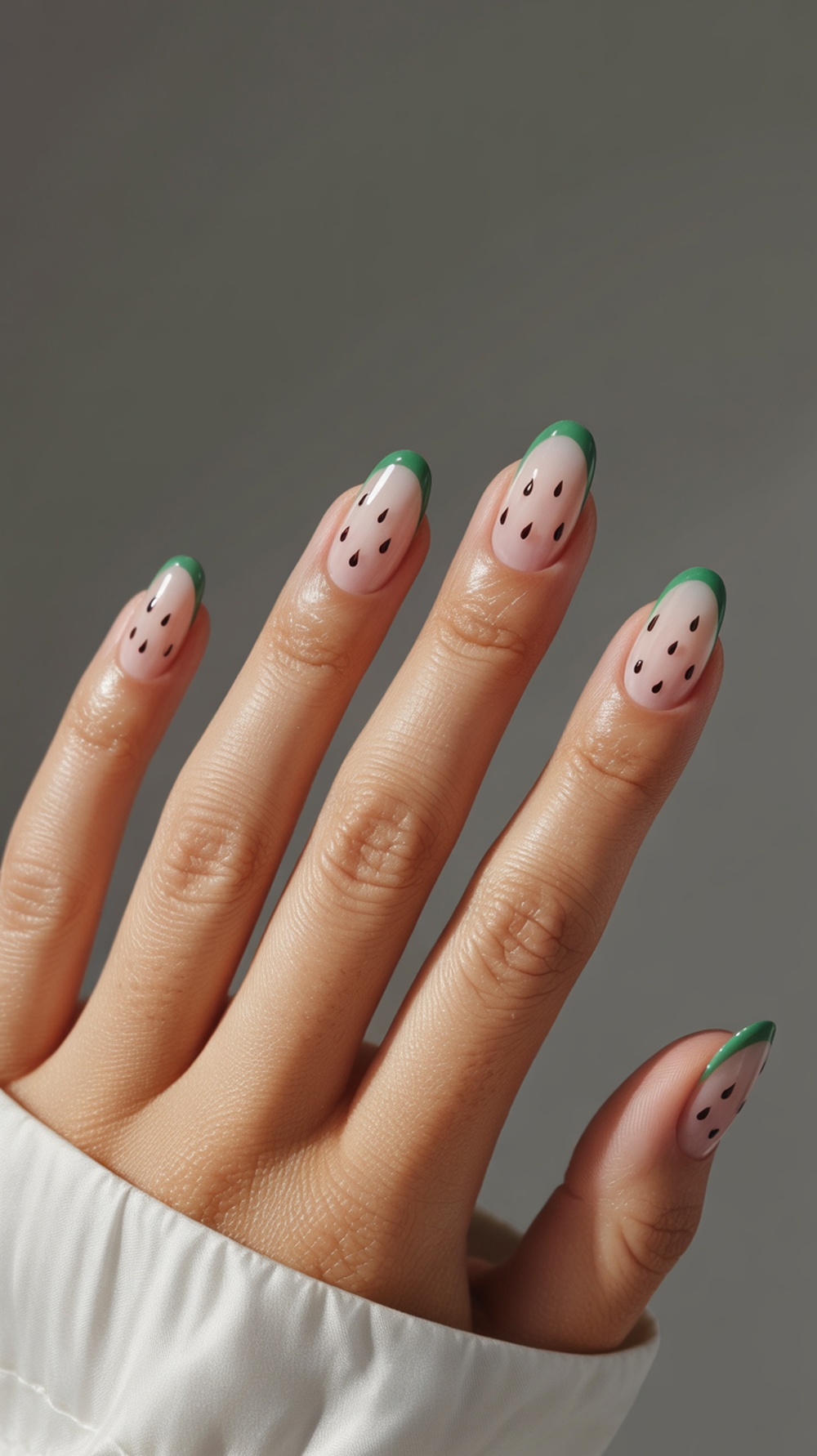 A close-up image of minimalist watermelon seed nail art featuring soft pink and green colors with black seed details.