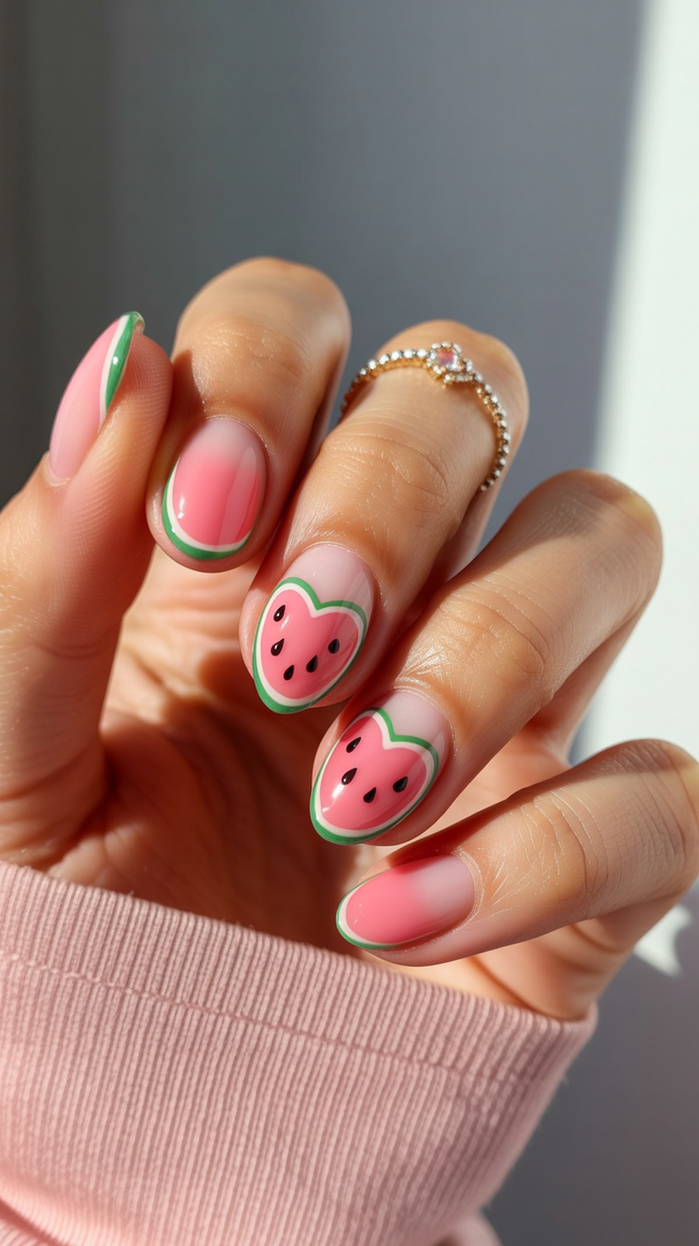 Close-up of heart-shaped watermelon slice nail art with pink and green colors