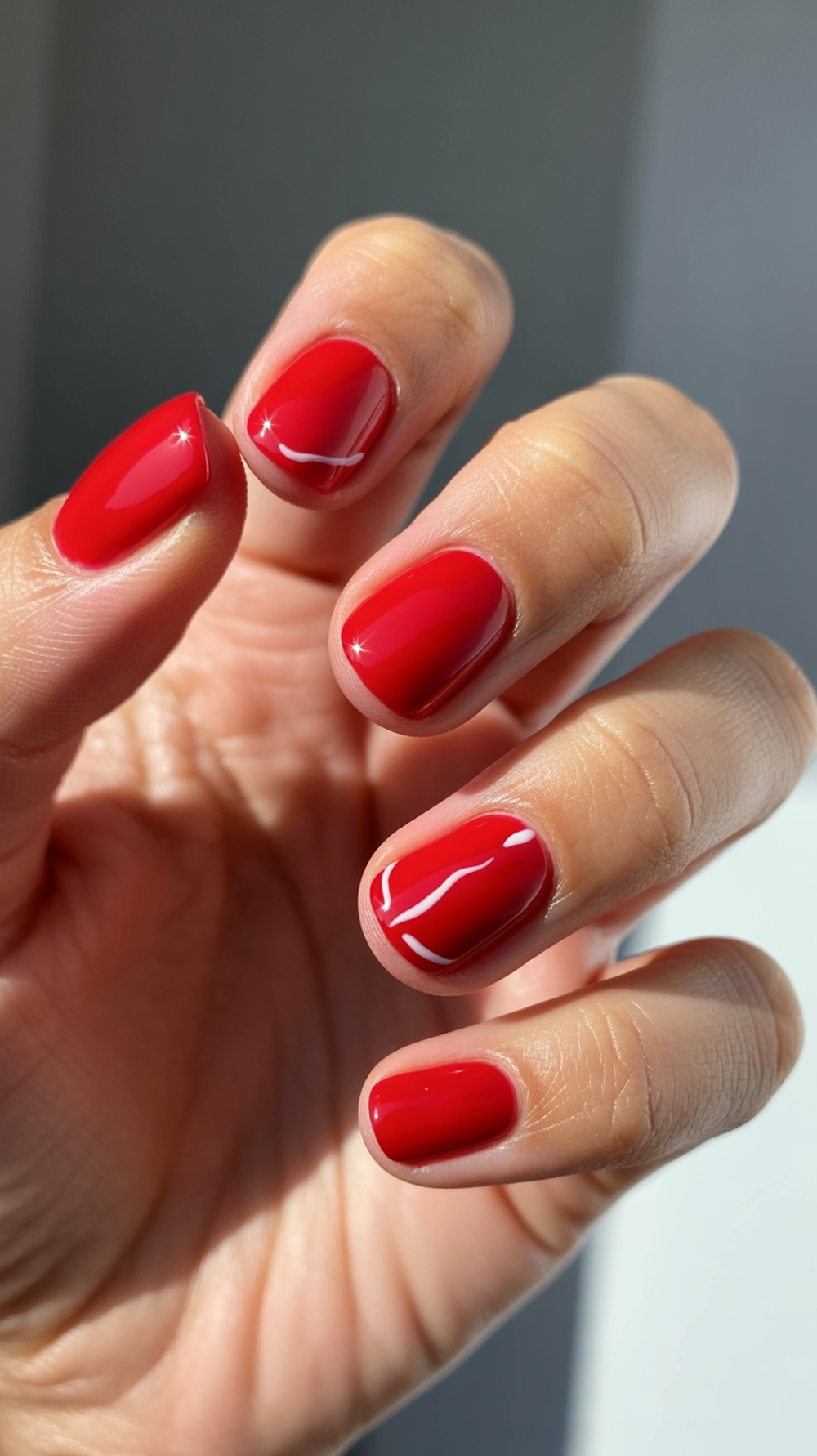 Close-up of red nails with white accents, showcasing a glossy finish and creative designs.
