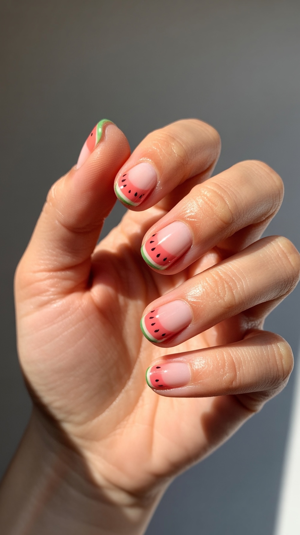 A hand showing short natural nails designed with watermelon art featuring pink and green colors.