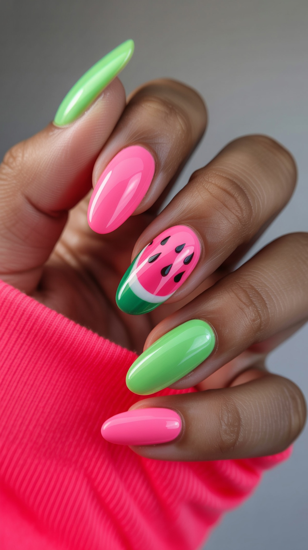 Vibrant neon watermelon nail art with pink and green colors.