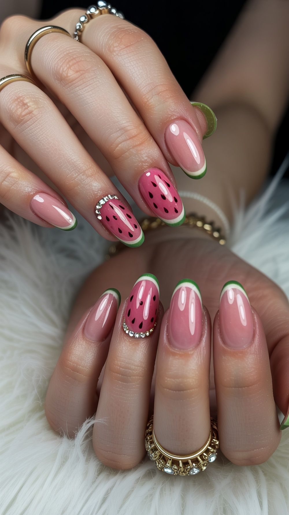 A stylish set of rhinestone watermelon nail art showcasing pink base with green tips and decorative rhinestones.