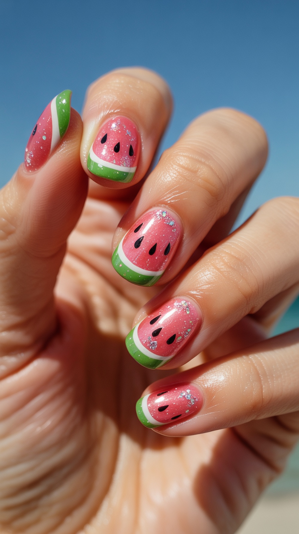 A close-up of hands showing beautifully styled glitter watermelon nails with pink and green colors against a sunny background.
