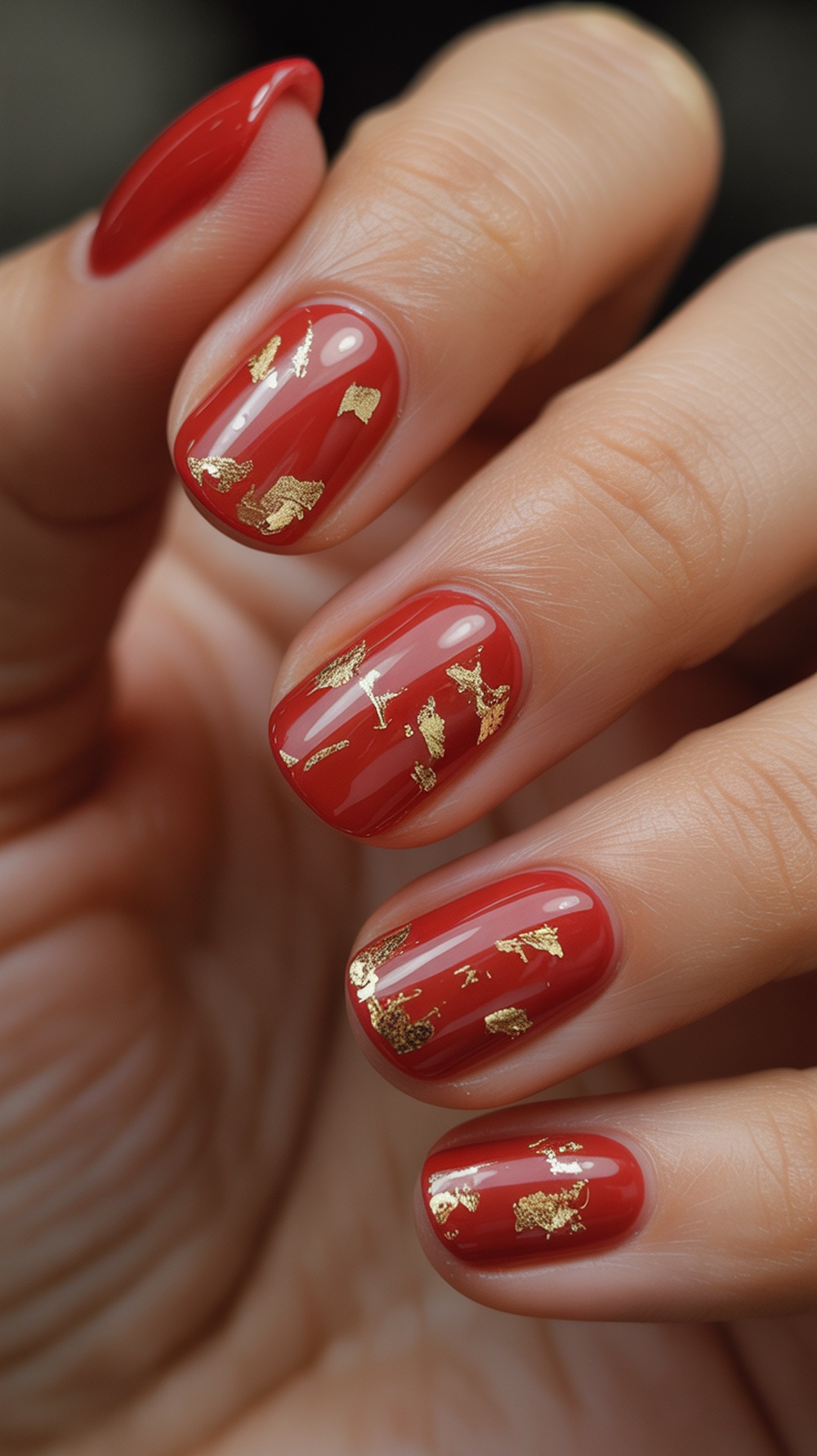 Close-up of red nails with gold foil accents.