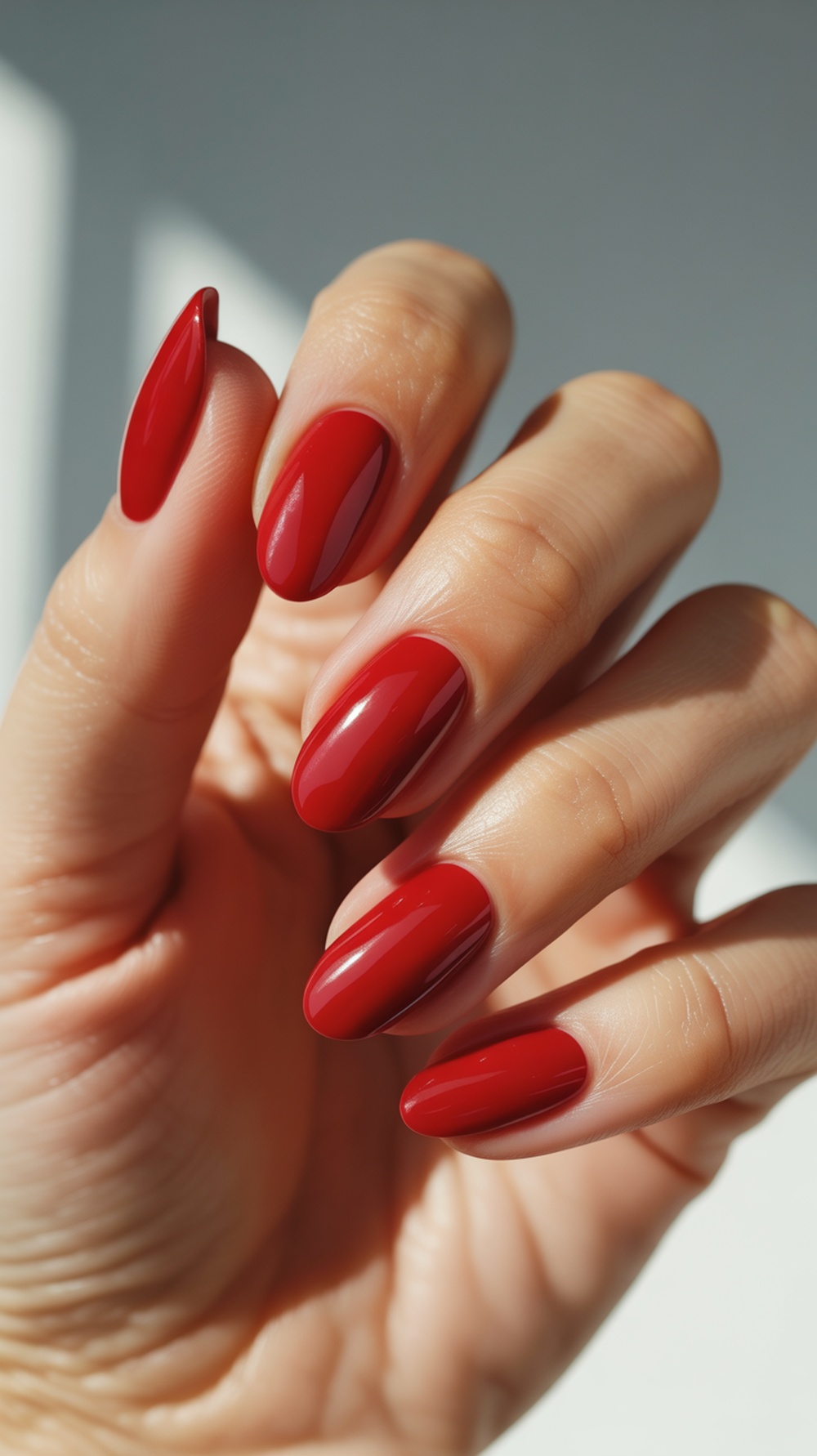 A hand showing almond-shaped nails painted in a glossy classic red color.