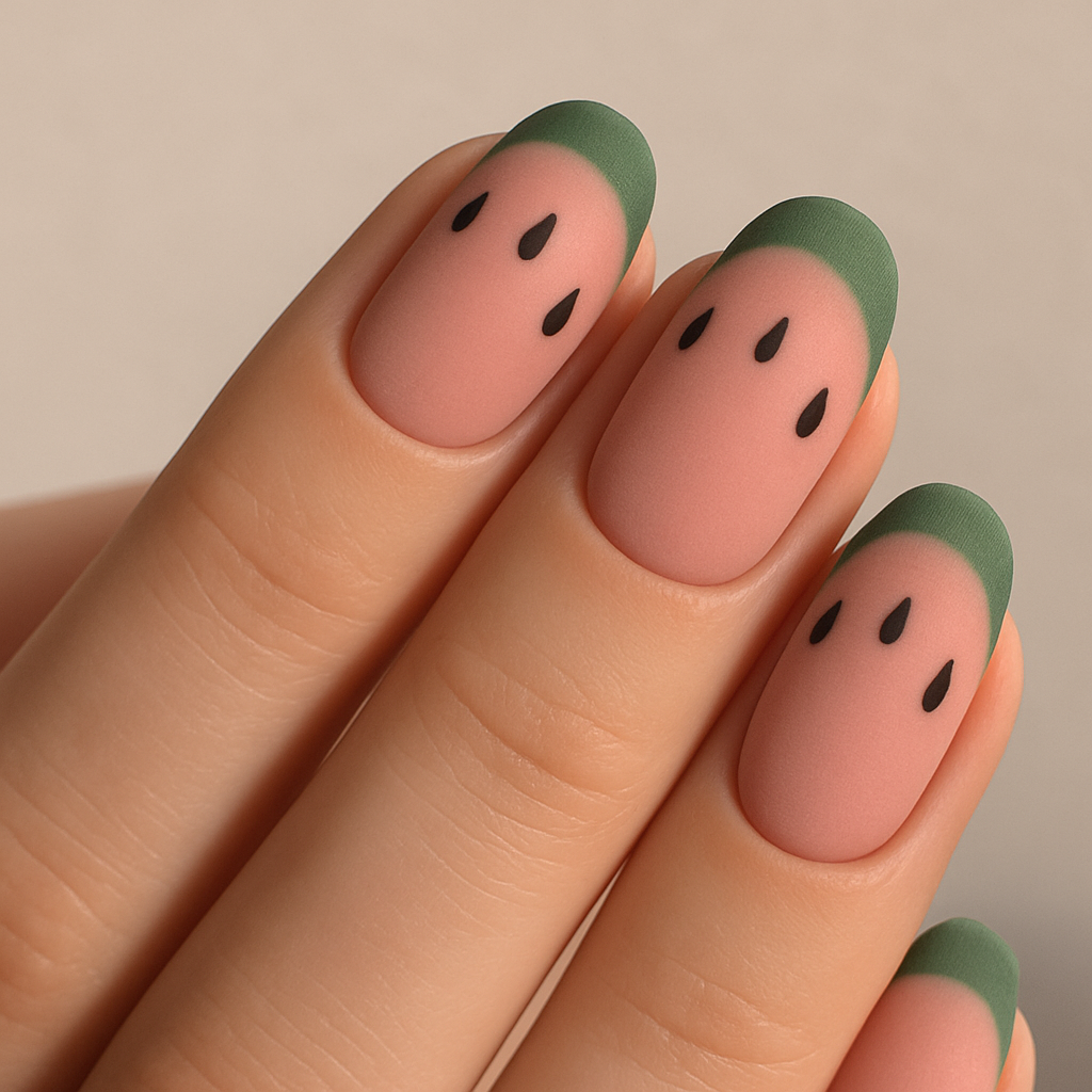 A hand displaying matte watermelon nail art with pink and green colors.