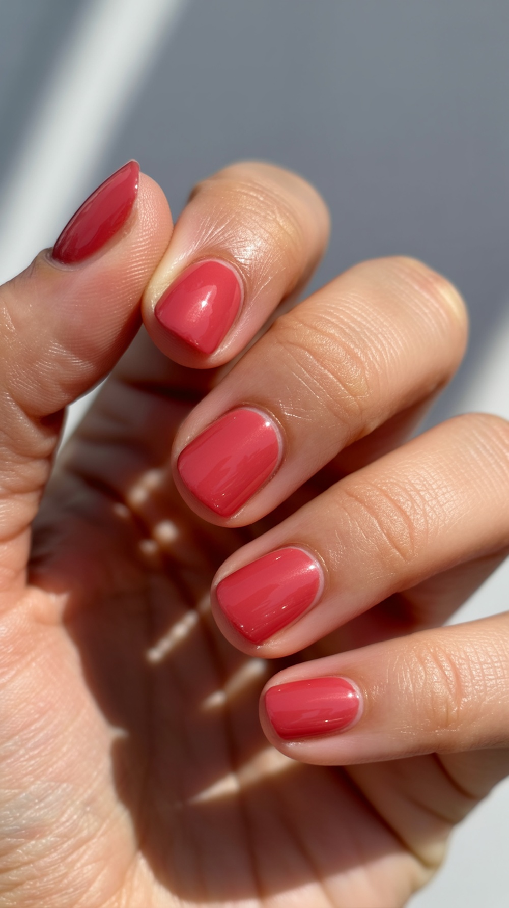 A close-up image of hand with strawberry red nail polish on the nails, showcasing a glossy finish.