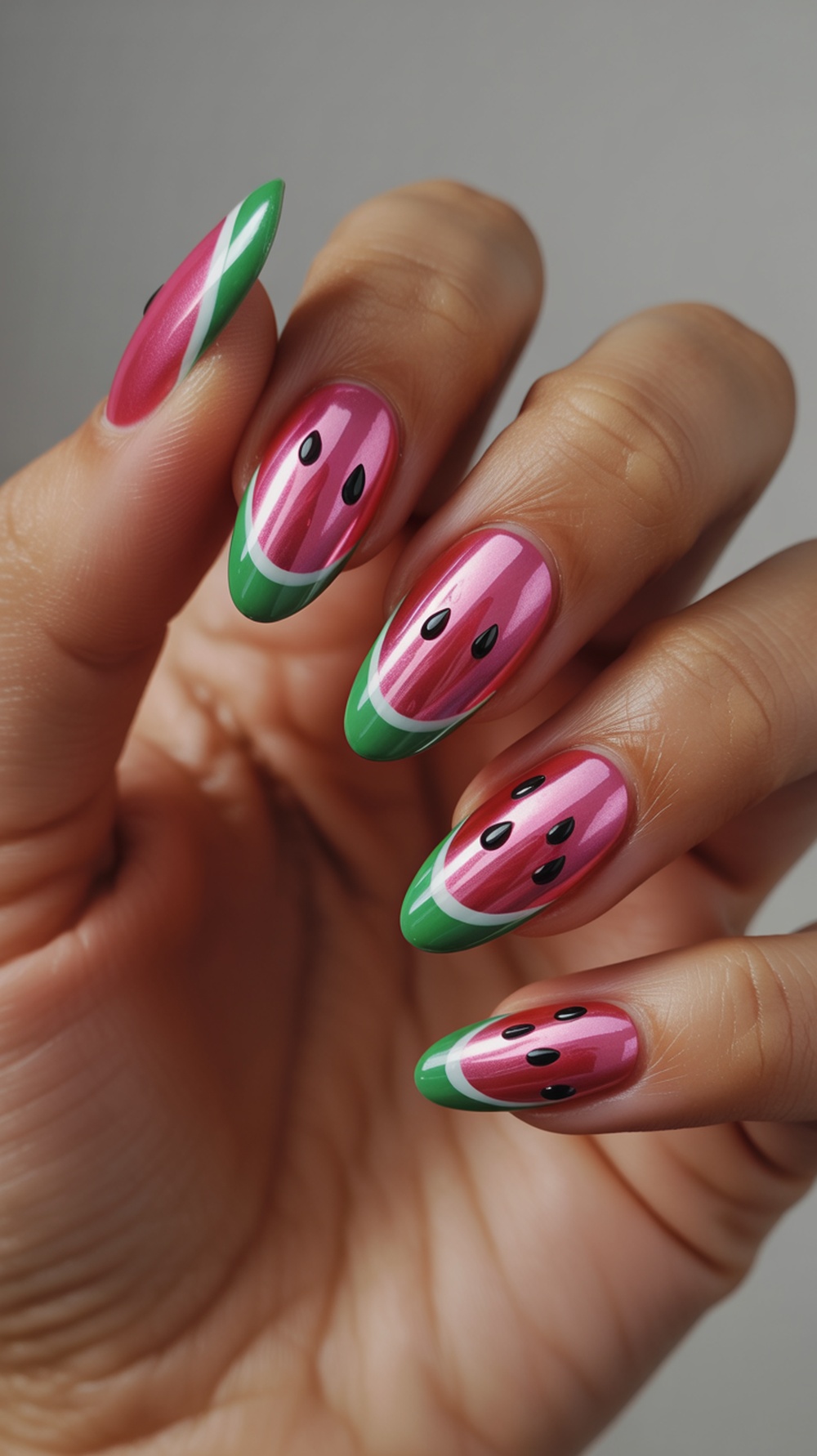Close-up of hands showing chrome watermelon nails with pink bases, green tips, and black seeds.