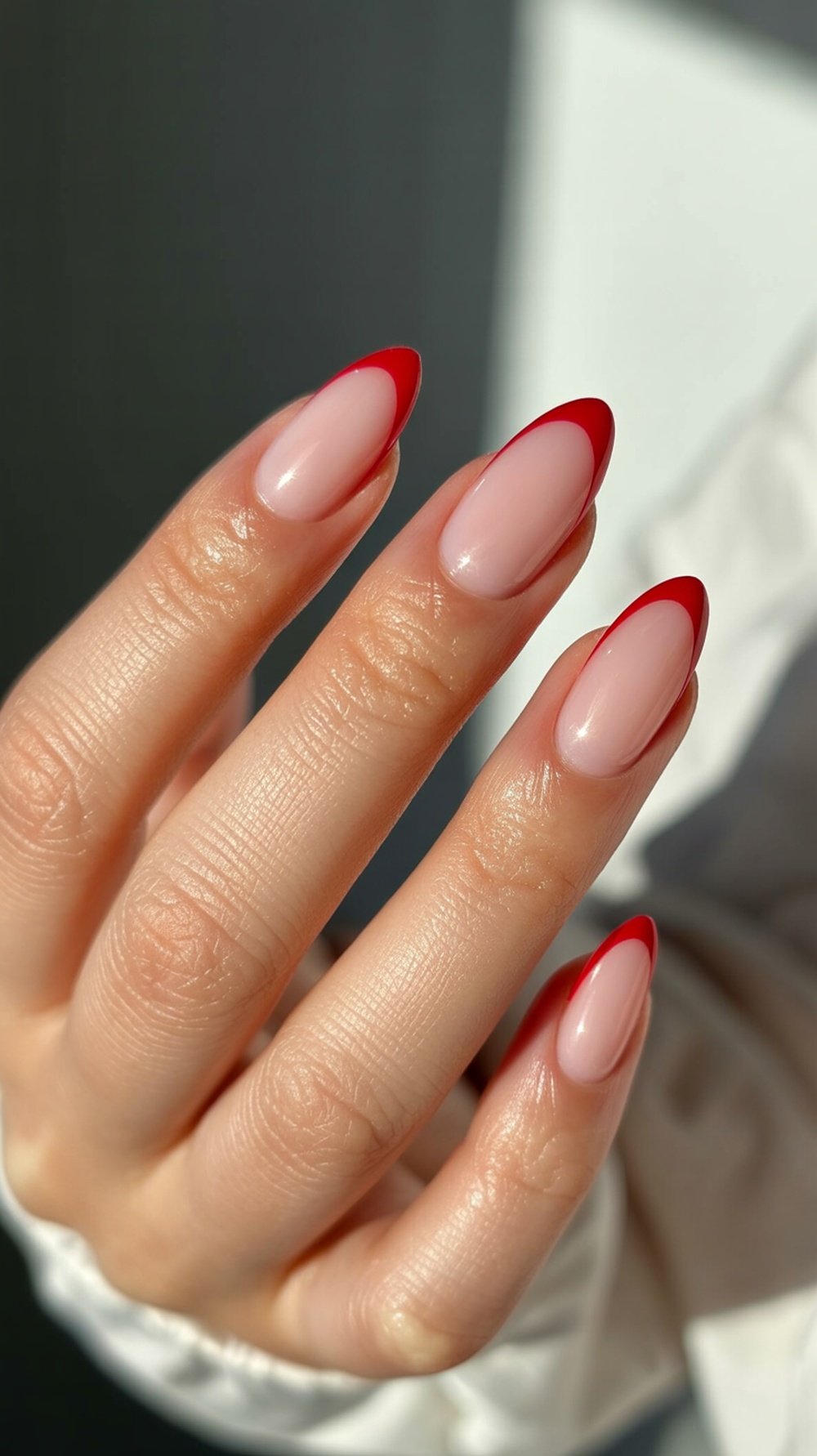 Red French tip nails with a nude base on a hand