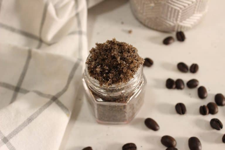 Coffee sugar scrub, natural skincare, exfoliating scrub, coffee body scrub, homemade beauty product.